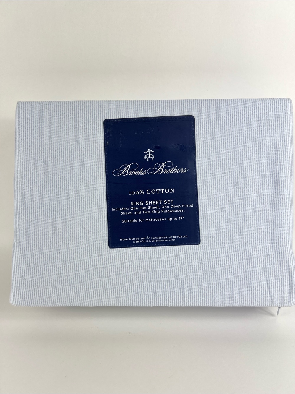 Brooks Brothers King Sheet Set Light Blue White Skinny Stripe Cotton 4 Pc NEW